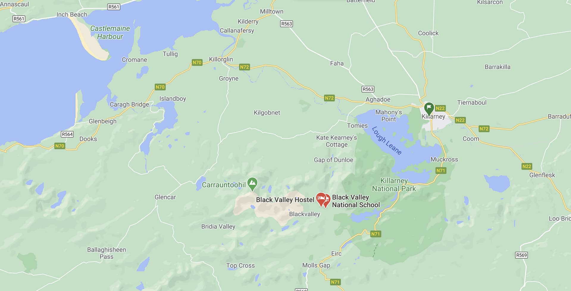 Map showing the location of the Black Valley in County Kerry, Ireland