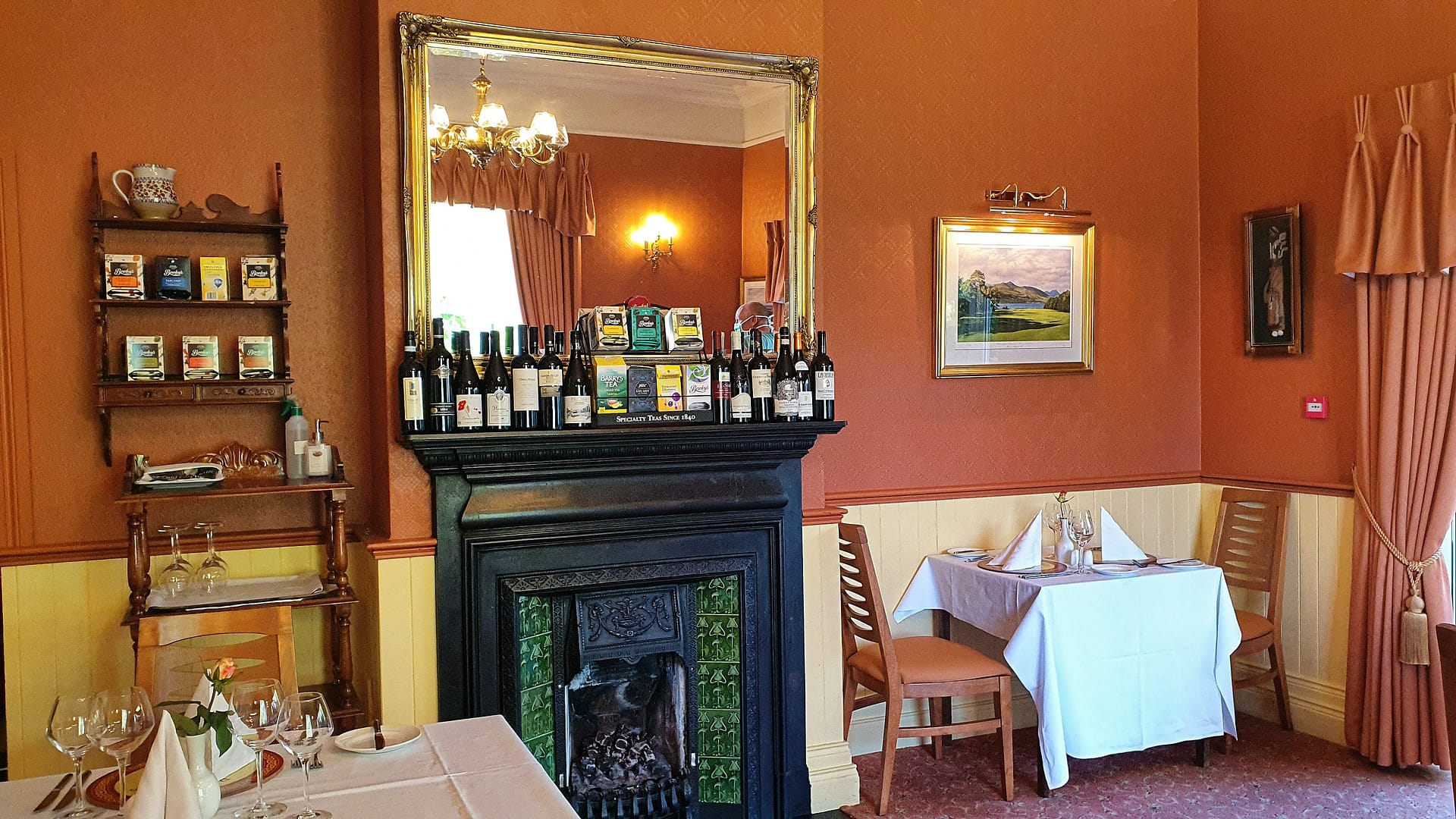 A picture of the lovely fireplace in Rozzers Restaurant